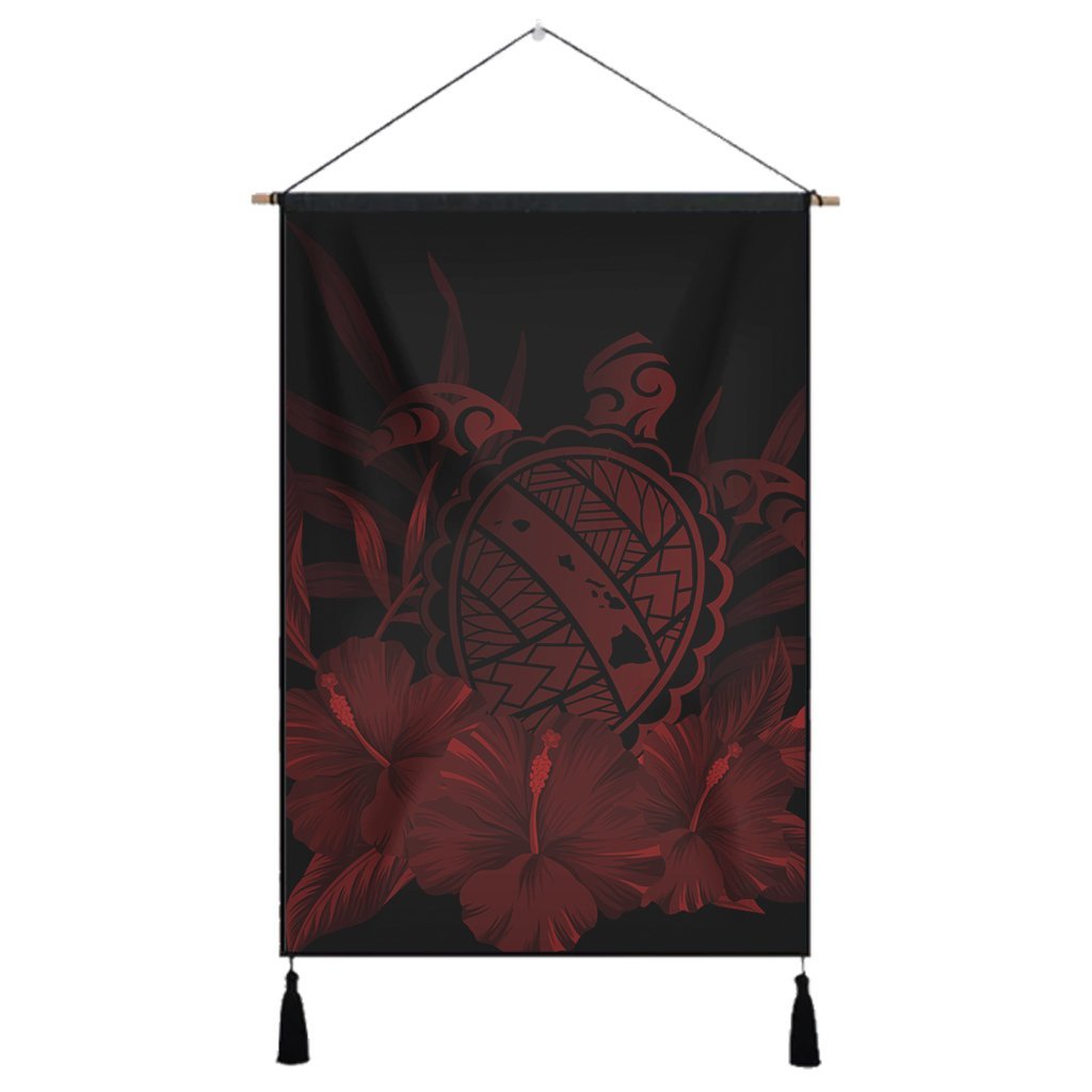 Hawaiian Map Turtle Hibiscus Polynesian Hanging Poster - Red - AH Hanging Poster Cotton And Linen - Polynesian Pride