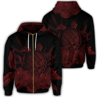 Hawaiian Map Turtle Hibiscus Polynesian Zip Hoodie Red Unisex Art - Polynesian Pride