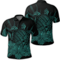 Hawaiian Map Turtle Hibiscus Polynesian Polo Shirt Turquoise Unisex Black - Polynesian Pride