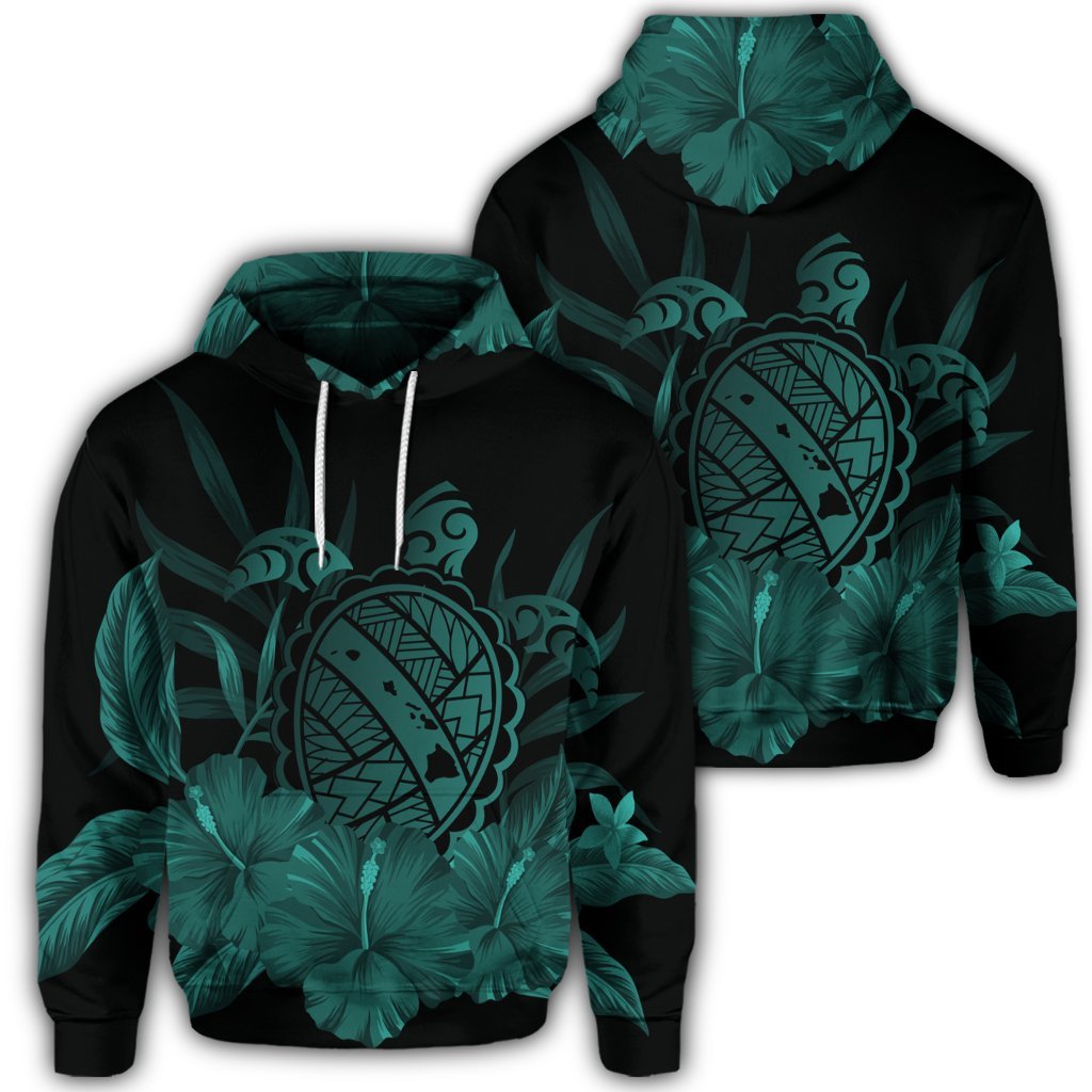 Hawaiian Map Turtle Hibiscus Polynesian Hoodie Turquoise Unisex Art - Polynesian Pride