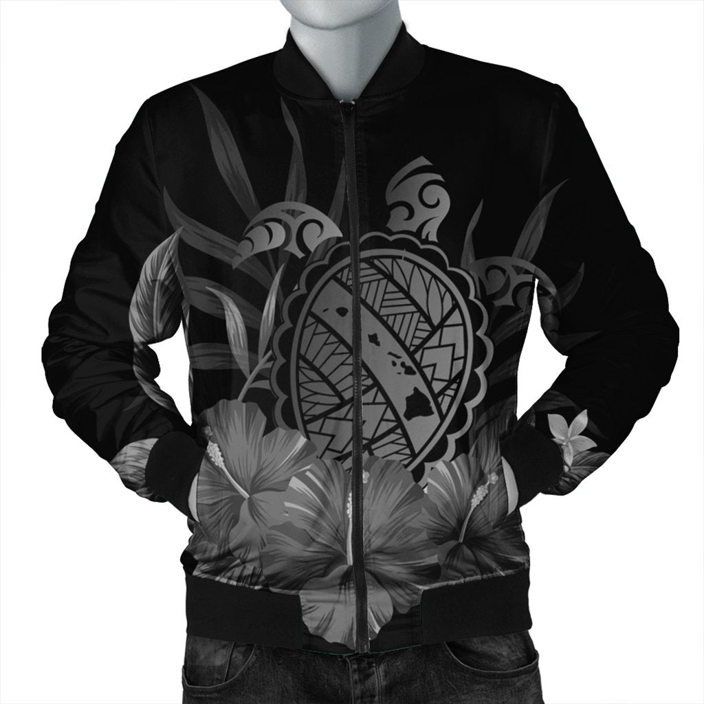 Hawaiian Map Turtle Hibiscus Polynesian Bomber Jacket - White - AH Black Unisex - Polynesian Pride