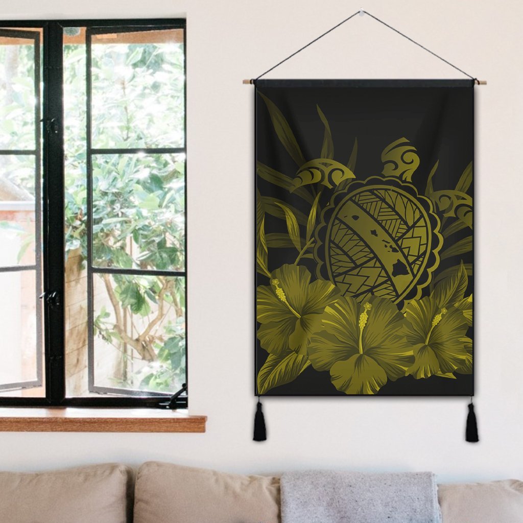 Hawaiian Map Turtle Hibiscus Polynesian Hanging Poster - Yellow - AH - Polynesian Pride