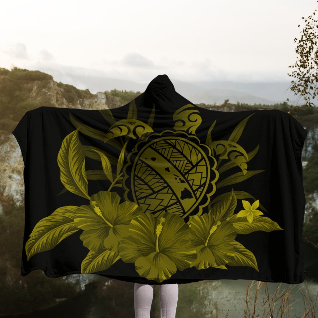 Hawaiian Map Turtle Hibiscus Polynesian Hooded Blanket - Yellow - AH - Polynesian Pride