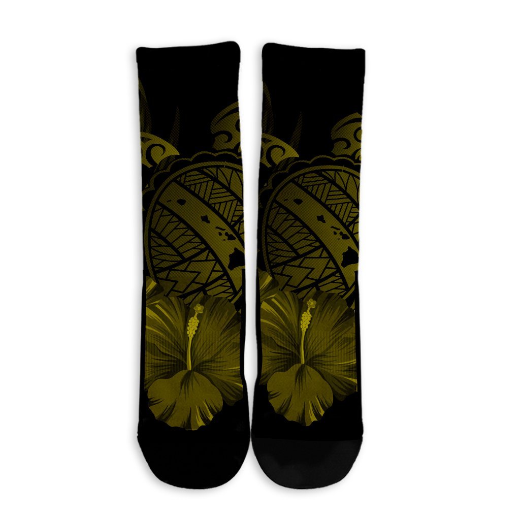 Hawaiian Map Turtle Hibiscus Polynesian Crew Socks - Yellow - AH - Polynesian Pride