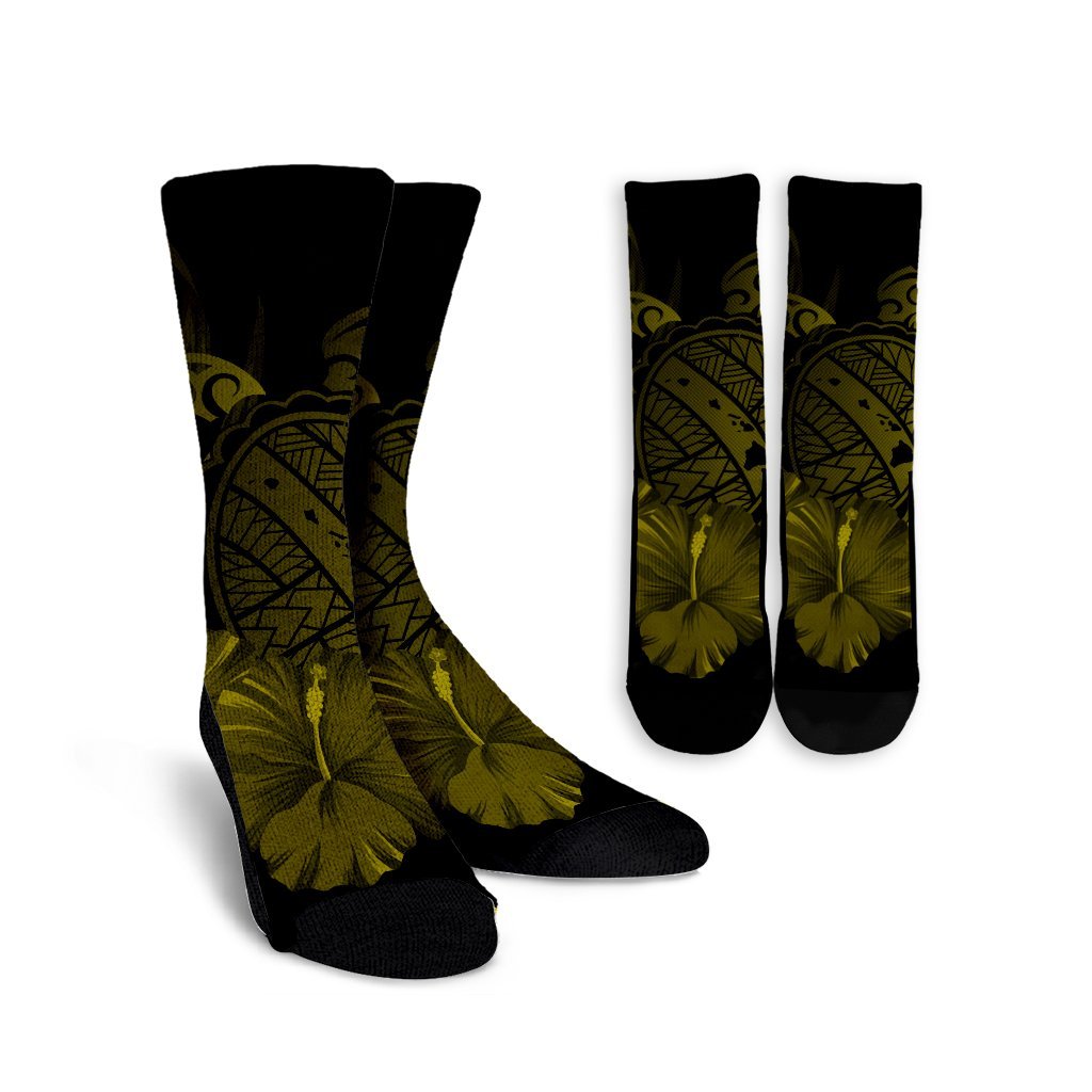 Hawaiian Map Turtle Hibiscus Polynesian Crew Socks - Yellow - AH Crew Socks White - Polynesian Pride