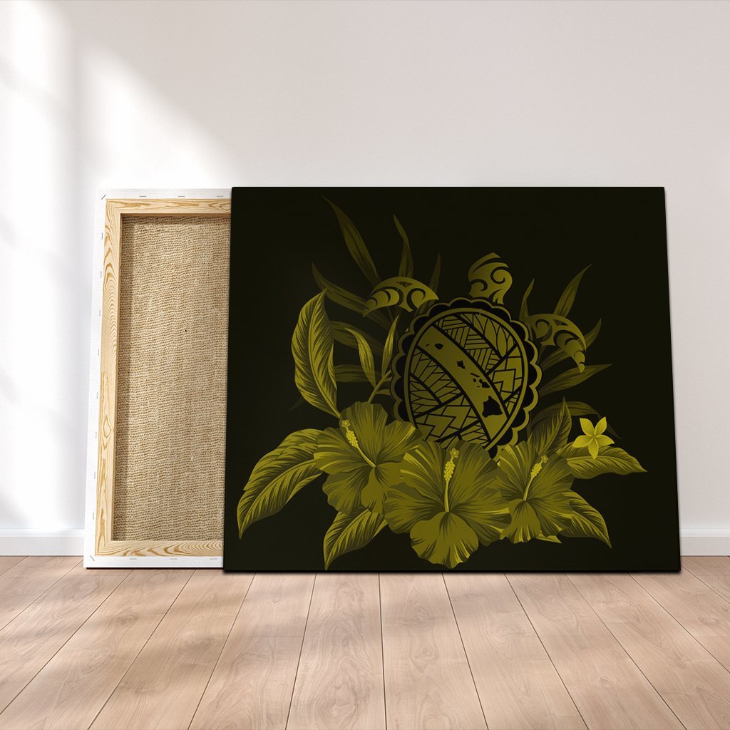 Hawaiian Map Turtle Hibiscus Polynesian Canvas - Yellow - AH Canvas Poly-cotton - Polynesian Pride