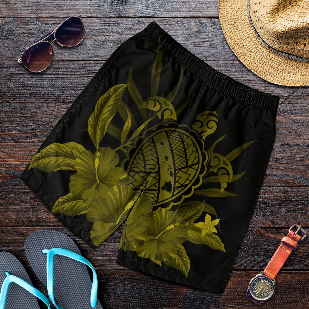 Hawaiian Map Turtle Hibiscus Polynesian Men's Shorts - Yellow - AH Art - Polynesian Pride