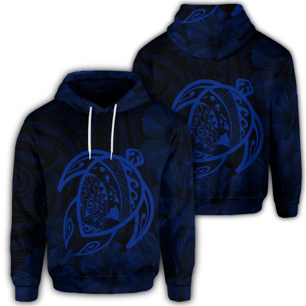 Hawaiian Map Turtle Kanaka Hibiscus Polynesian Hoodie Blue Unisex Art - Polynesian Pride