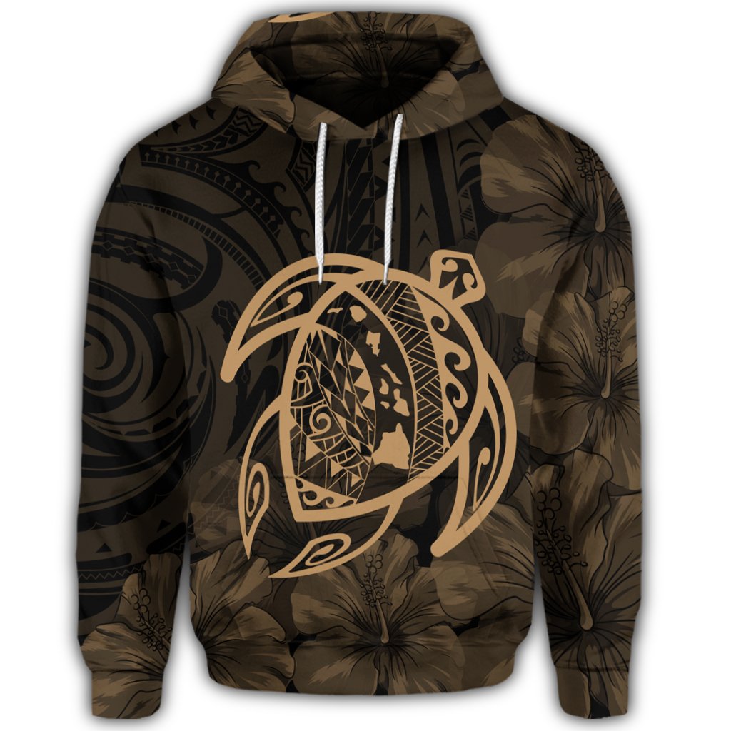 Hawaiian Map Turtle Kanaka Hibiscus Polynesian Hoodie Gold - Polynesian Pride