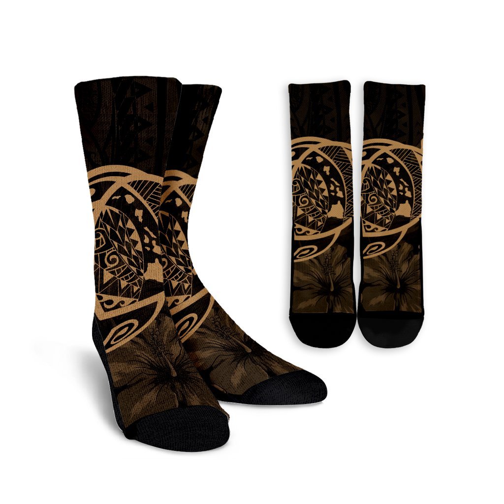 Hawaiian Map Turtle Kanaka Hibiscus Polynesian Crew Socks - Gold - AH Crew Socks White - Polynesian Pride