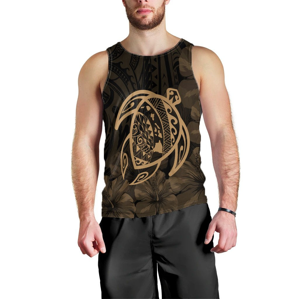 Hawaiian Map Turtle Kanaka Hibiscus Polynesian Tank Top - Gold - AH Black - Polynesian Pride