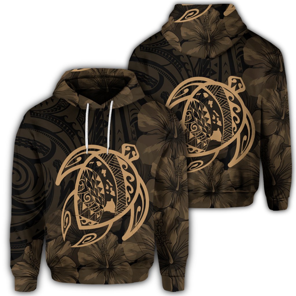 Hawaiian Map Turtle Kanaka Hibiscus Polynesian Hoodie Gold Unisex Art - Polynesian Pride