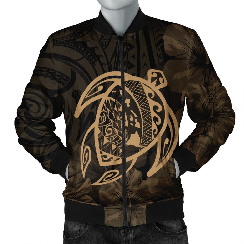 Hawaiian Map Turtle Kanaka Hibiscus Polynesian Bomber Jacket - Gold - AH Black Unisex - Polynesian Pride