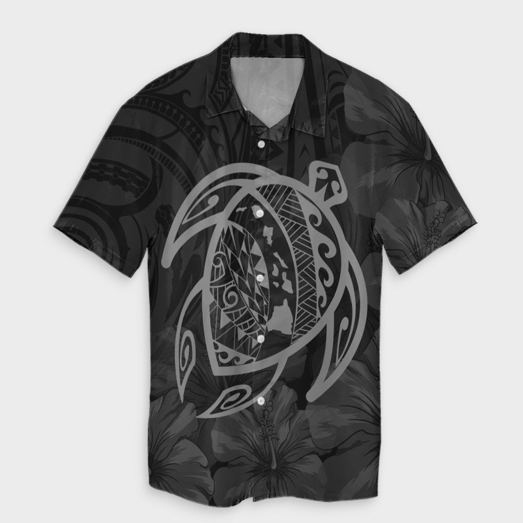 Hawaiian Map Turtle Kanaka Hibiscus Polynesian Hawaiian Shirt - Gray - AH Unisex Black - Polynesian Pride