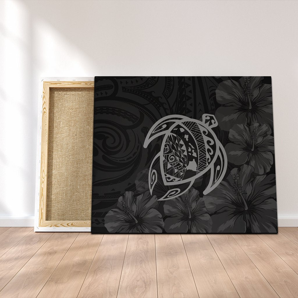 Hawaiian Map Turtle Kanaka Hibiscus Polynesian Canvas - Gray - AH Canvas Poly-cotton - Polynesian Pride