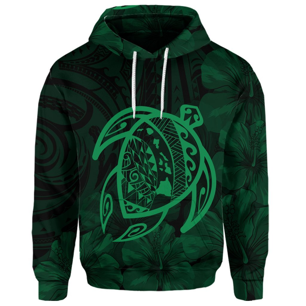 Custom Hawaiian Map Turtle Kanaka Hibiscus Polynesian Hoodie Green - Polynesian Pride