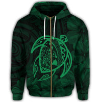 Hawaiian Map Turtle Kanaka Hibiscus Polynesian Zip Hoodie Green - Polynesian Pride