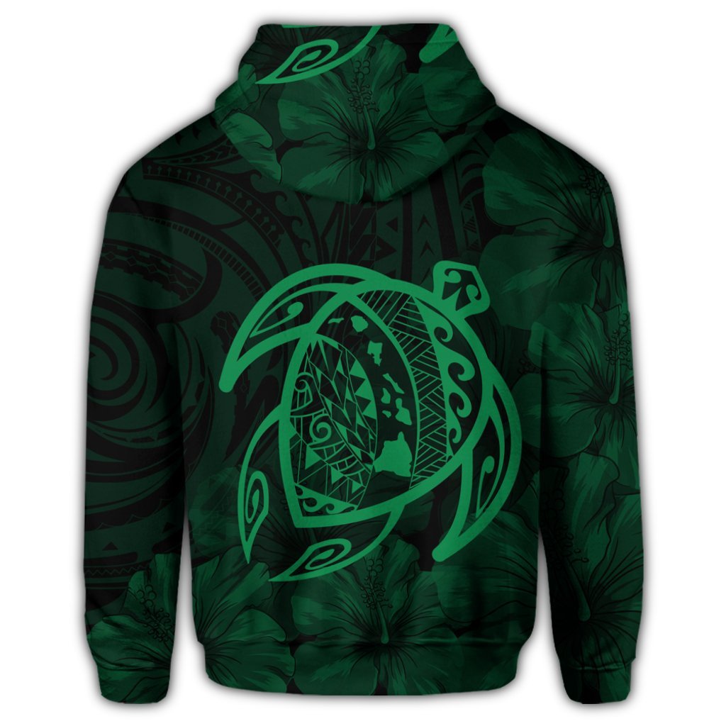 Hawaiian Map Turtle Kanaka Hibiscus Polynesian Zip Hoodie Green - Polynesian Pride