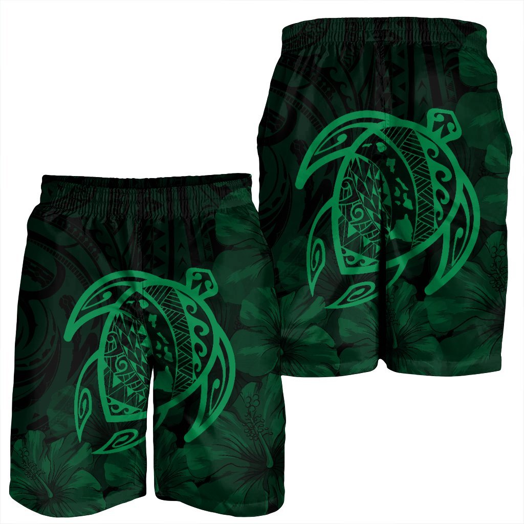 Hawaiian Map Turtle Kanaka Hibiscus Polynesian Men's Shorts - Green - AH - Polynesian Pride