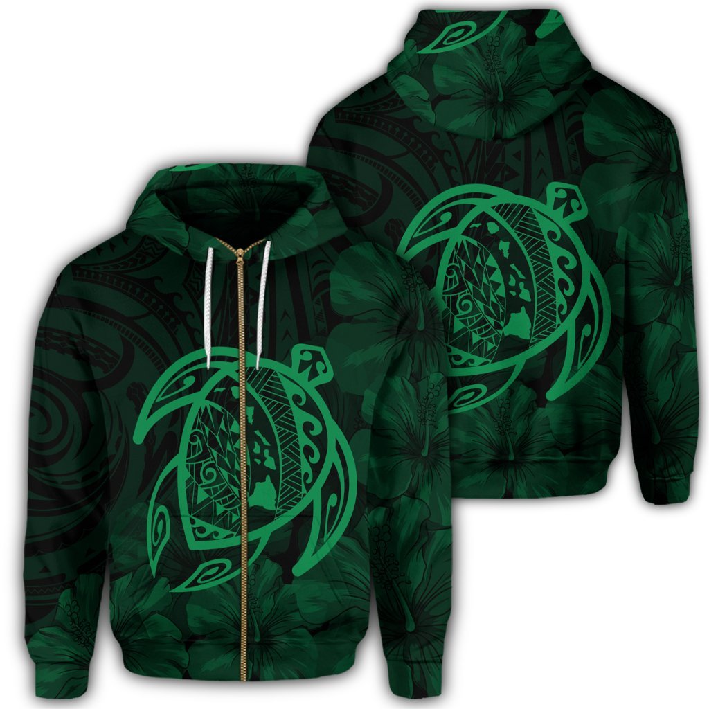 Hawaiian Map Turtle Kanaka Hibiscus Polynesian Zip Hoodie Green Unisex Art - Polynesian Pride