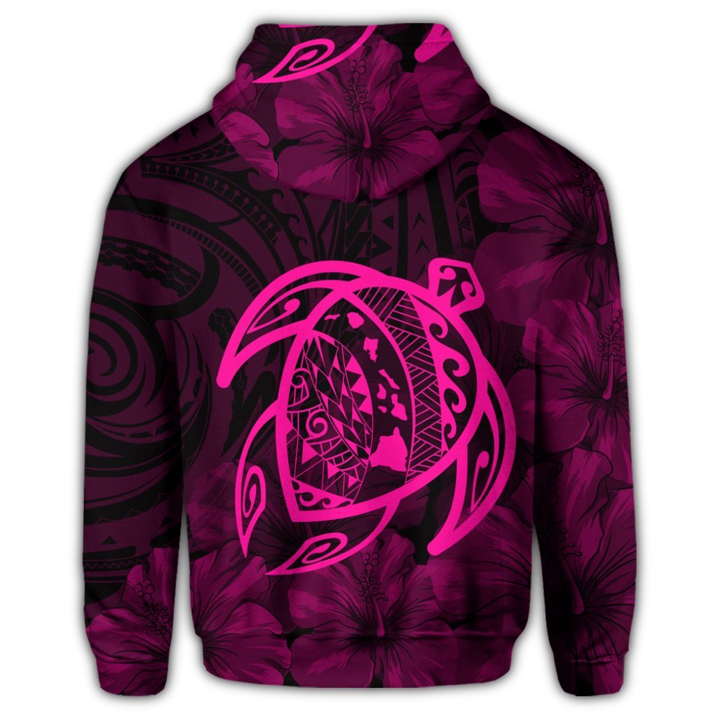 Hawaiian Map Turtle Kanaka Hibiscus Polynesian Zip Hoodie Pink - Polynesian Pride