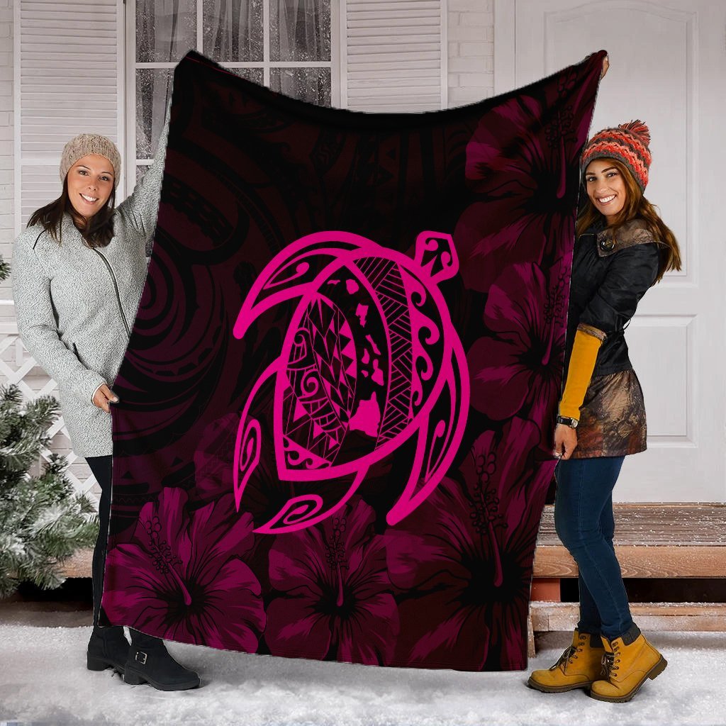 Hawaiian Map Turtle Kanaka Hibiscus Polynesian Premium Blankets - Pink - AH - Polynesian Pride