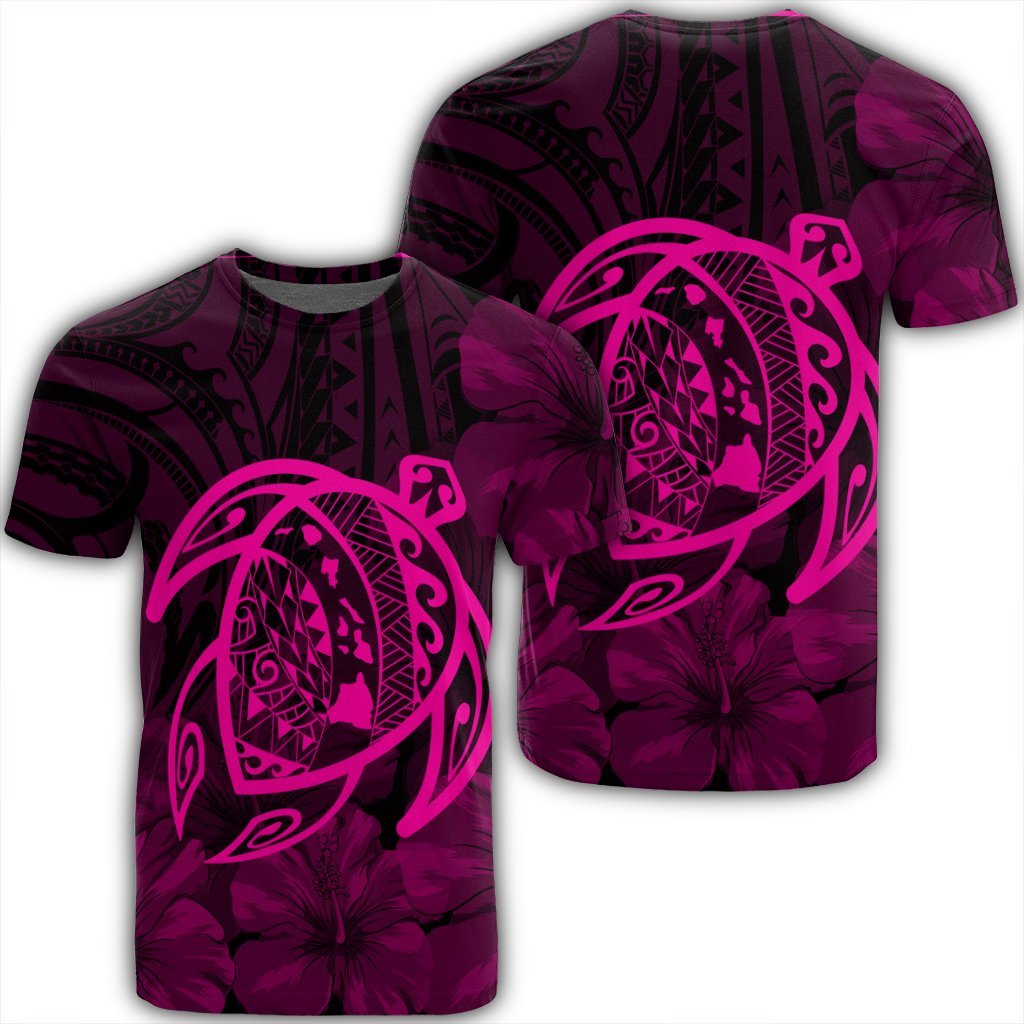 Hawaiian Map Turtle Kanaka Hibiscus Polynesian T Shirt Pink Unisex Black - Polynesian Pride