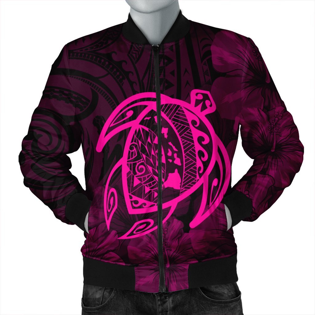 Hawaiian Map Turtle Kanaka Hibiscus Polynesian Bomber Jacket - Pink - AH Black Unisex - Polynesian Pride