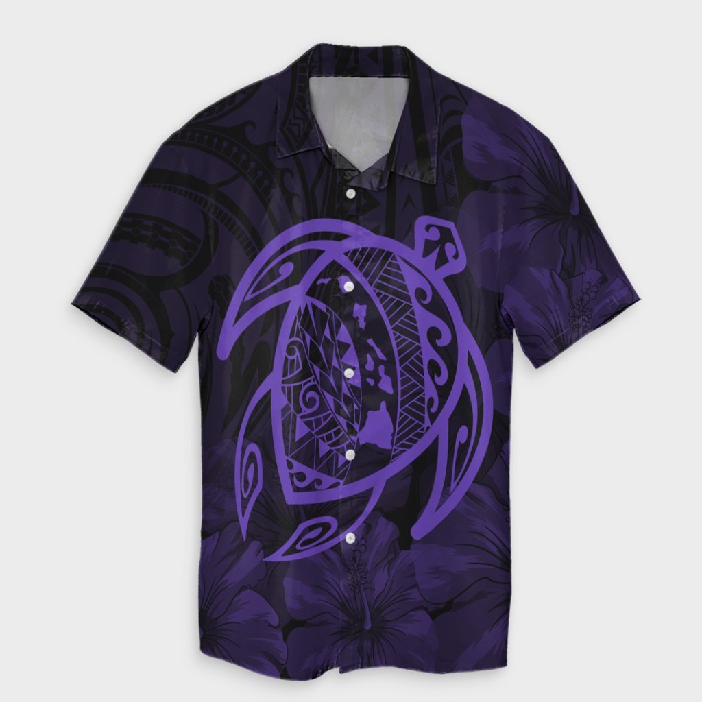 Hawaiian Map Turtle Kanaka Hibiscus Polynesian Hawaiian Shirt - Purple - AH Unisex Black - Polynesian Pride