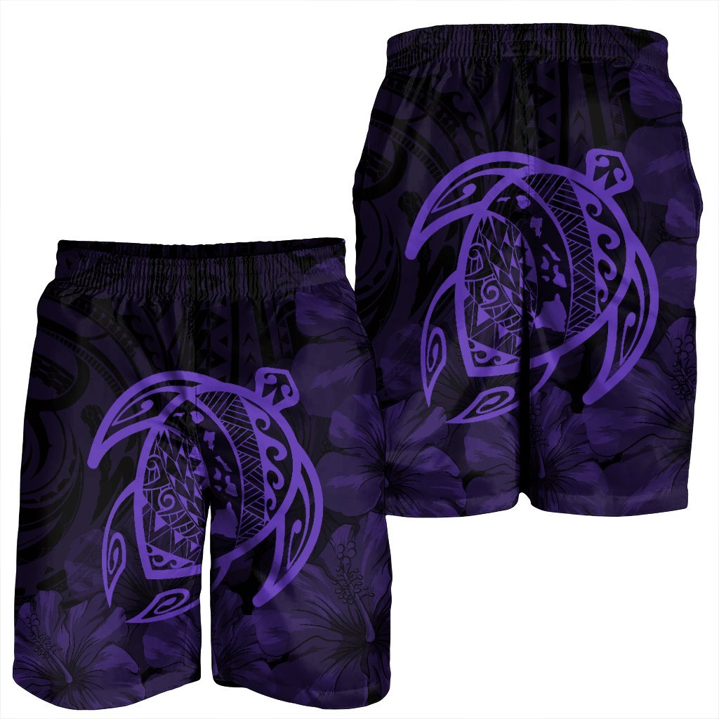 Hawaiian Map Turtle Kanaka Hibiscus Polynesian Men's Shorts - Purple - AH - Polynesian Pride