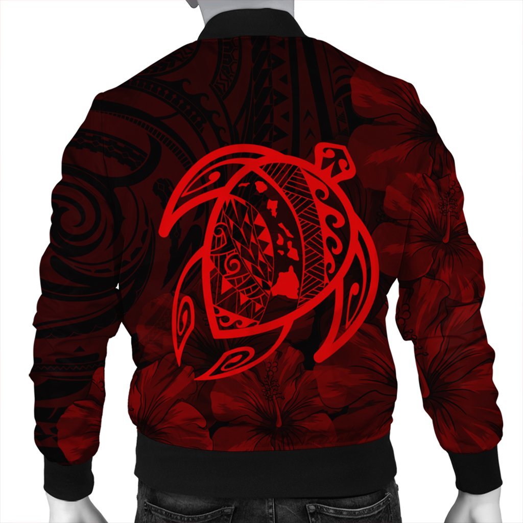 Hawaiian Map Turtle Kanaka Hibiscus Polynesian Bomber Jacket - Red - AH - Polynesian Pride