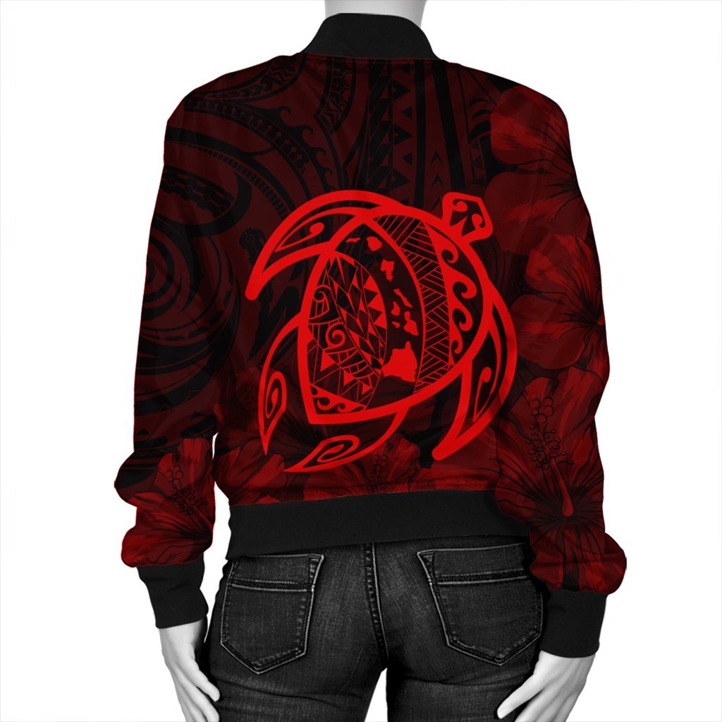 Hawaiian Map Turtle Kanaka Hibiscus Polynesian Bomber Jacket - Red - AH - Polynesian Pride