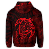 Hawaiian Map Turtle Kanaka Hibiscus Polynesian Zip Hoodie Red - Polynesian Pride
