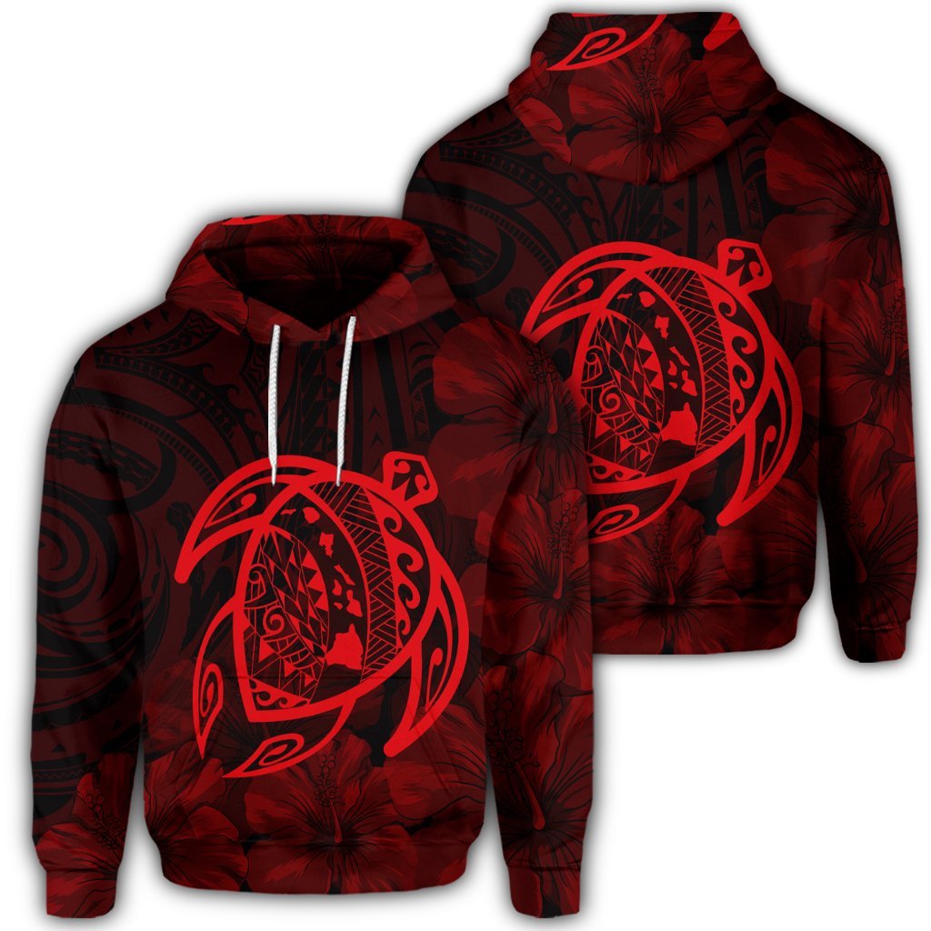 Hawaiian Map Turtle Kanaka Hibiscus Polynesian Hoodie Red Unisex Art - Polynesian Pride