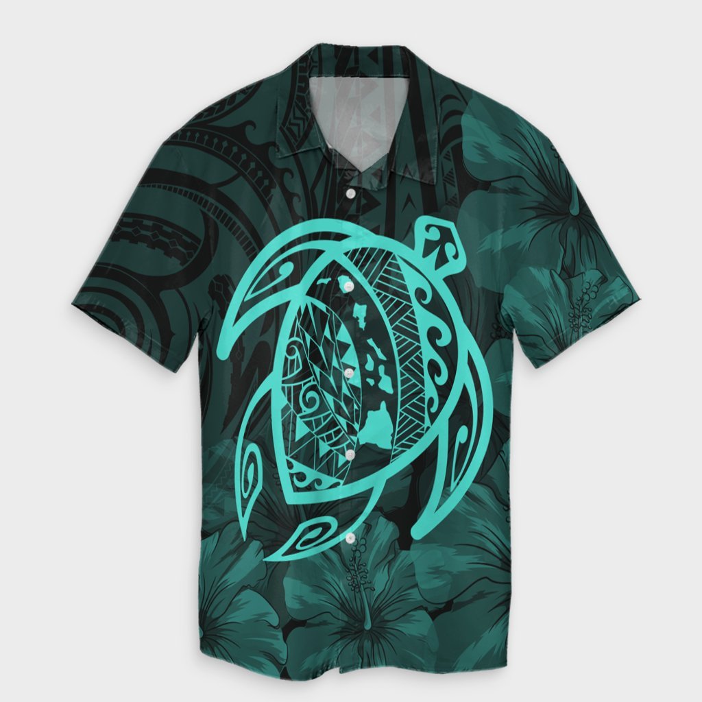 Hawaiian Map Turtle Kanaka Hibiscus Polynesian Hawaiian Shirt - Turquoise - AH Unisex Black - Polynesian Pride