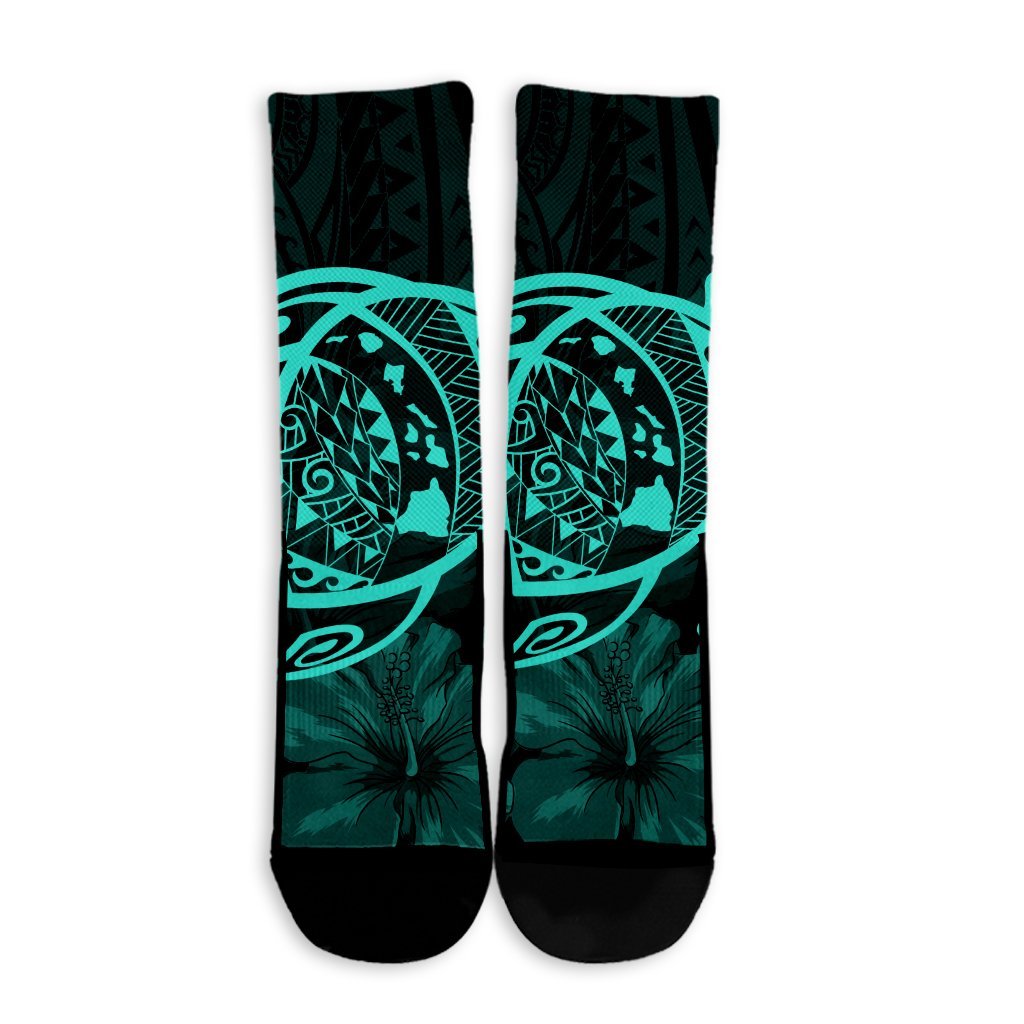 Hawaiian Map Turtle Kanaka Hibiscus Polynesian Crew Socks - Turquoise - AH - Polynesian Pride