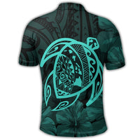 Hawaiian Map Turtle Kanaka Hibiscus Polynesian Polo Shirt Turquoise - Polynesian Pride
