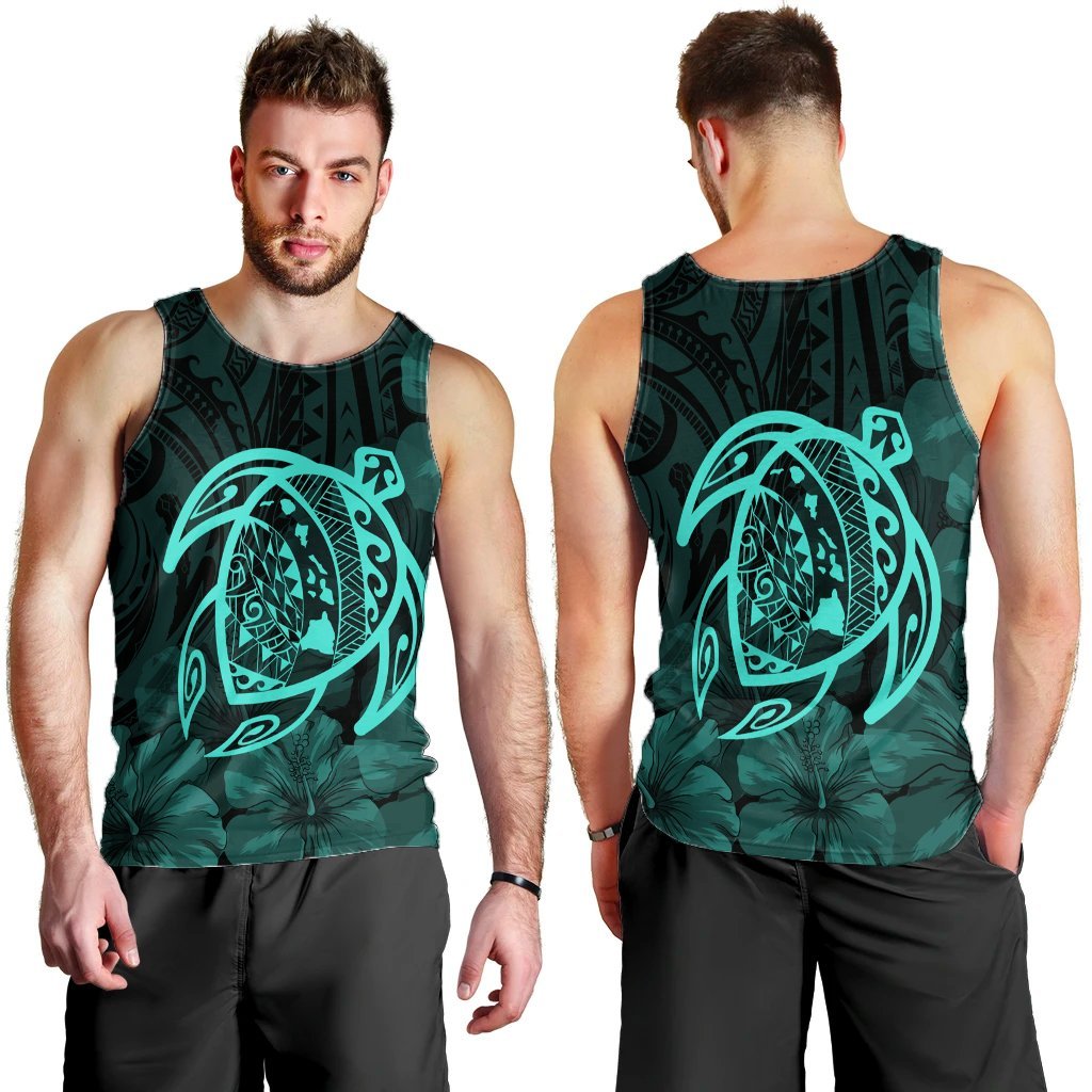 Hawaiian Map Turtle Kanaka Hibiscus Polynesian Tank Top - Turquoise - AH - Polynesian Pride