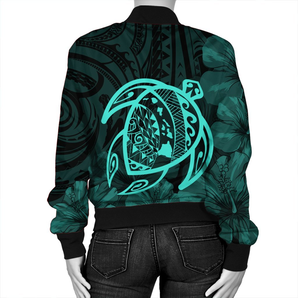 Hawaiian Map Turtle Kanaka Hibiscus Polynesian Bomber Jacket - Turquoise - AH - Polynesian Pride