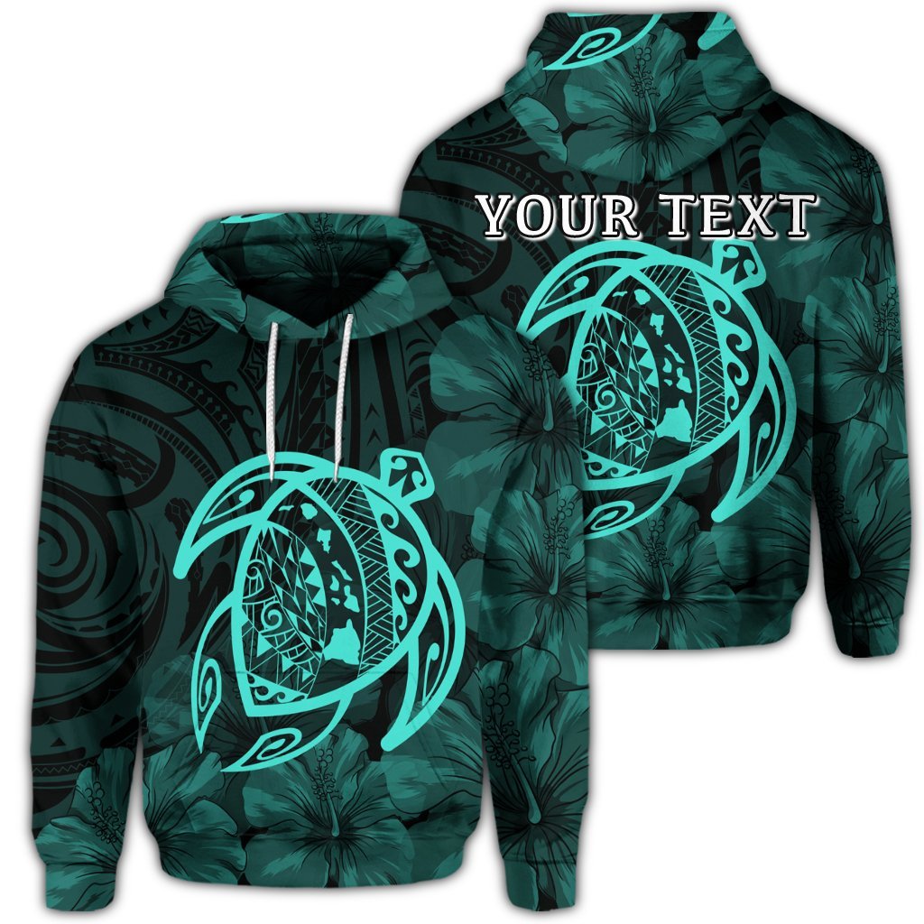 Custom Hawaiian Map Turtle Kanaka Hibiscus Polynesian Hoodie Turquoise Unisex Art - Polynesian Pride