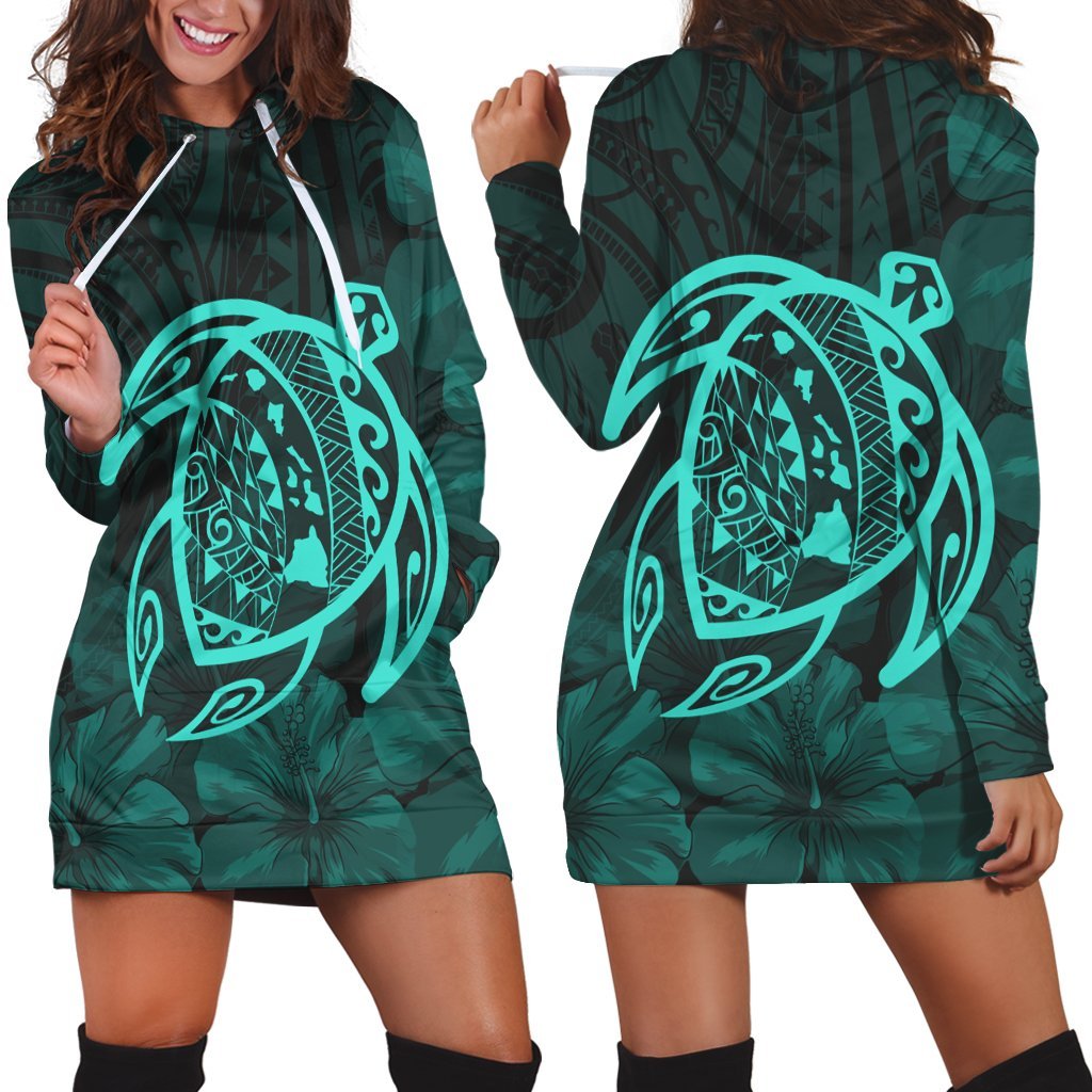 Hawaiian Map Turtle Kanaka Hibiscus Polynesian Hoodie Dress - Turquoise - AH Black - Polynesian Pride