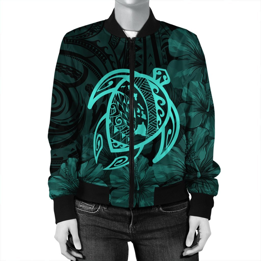 Hawaiian Map Turtle Kanaka Hibiscus Polynesian Bomber Jacket - Turquoise - AH - Polynesian Pride
