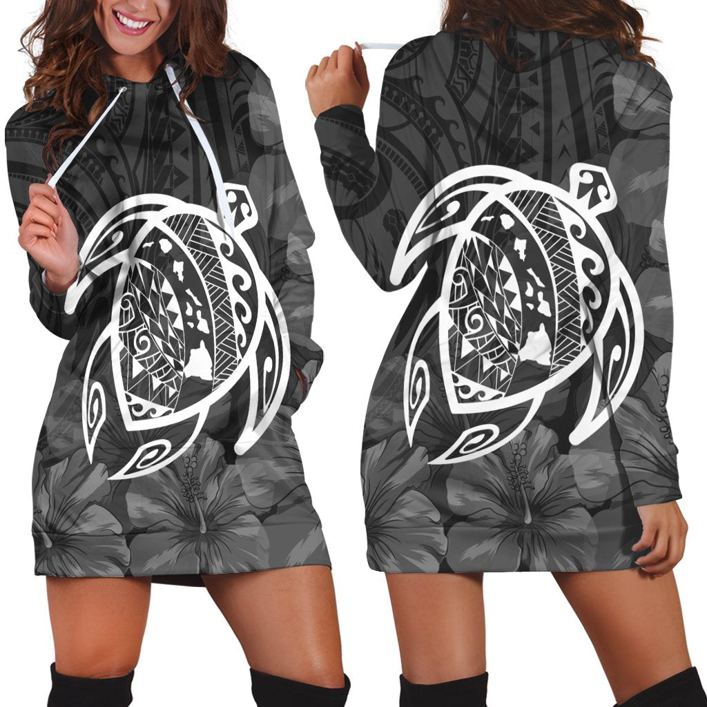 Hawaiian Map Turtle Kanaka Hibiscus Polynesian Hoodie Dress - White - AH Black - Polynesian Pride