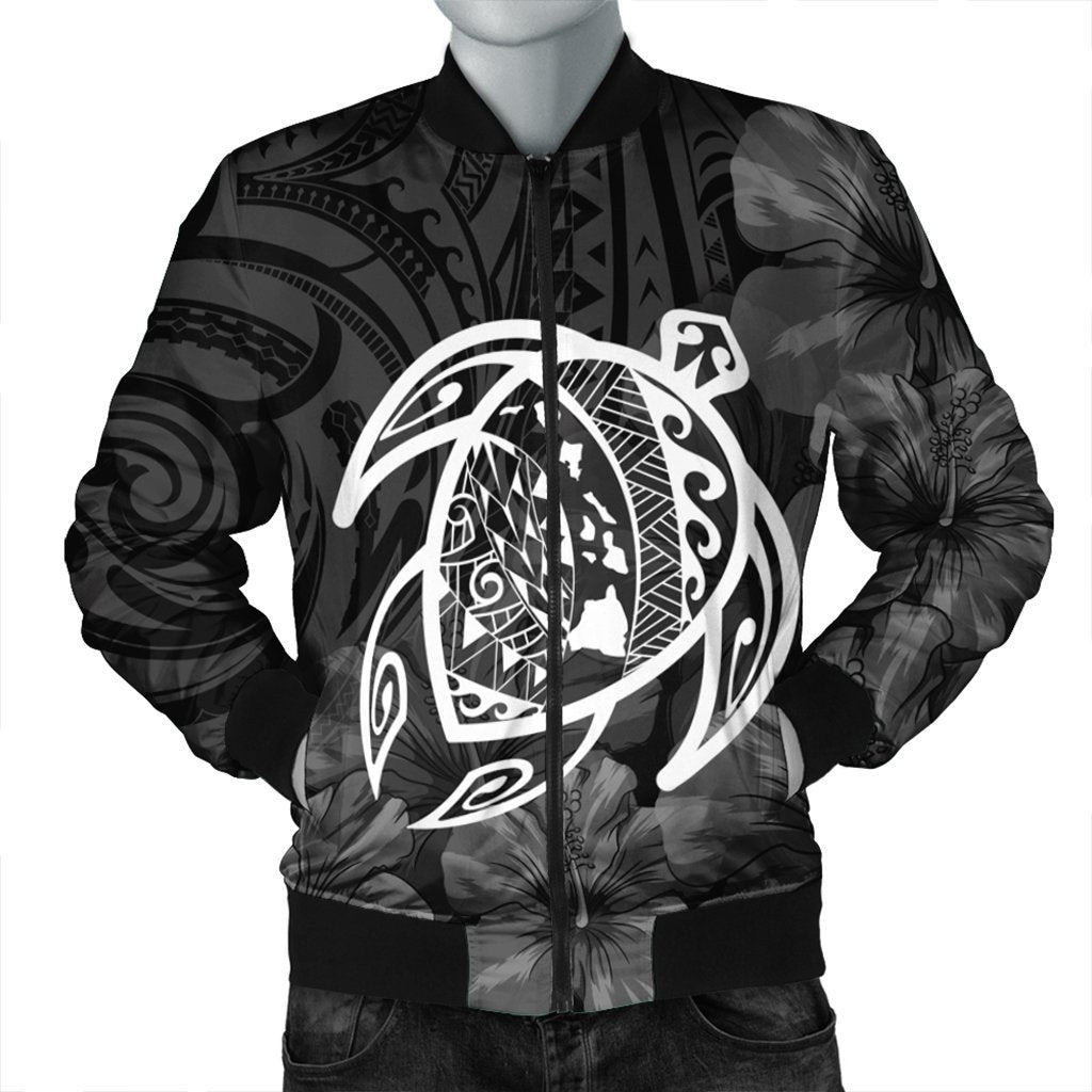 Hawaiian Map Turtle Kanaka Hibiscus Polynesian Bomber Jacket - White - AH Black Unisex - Polynesian Pride