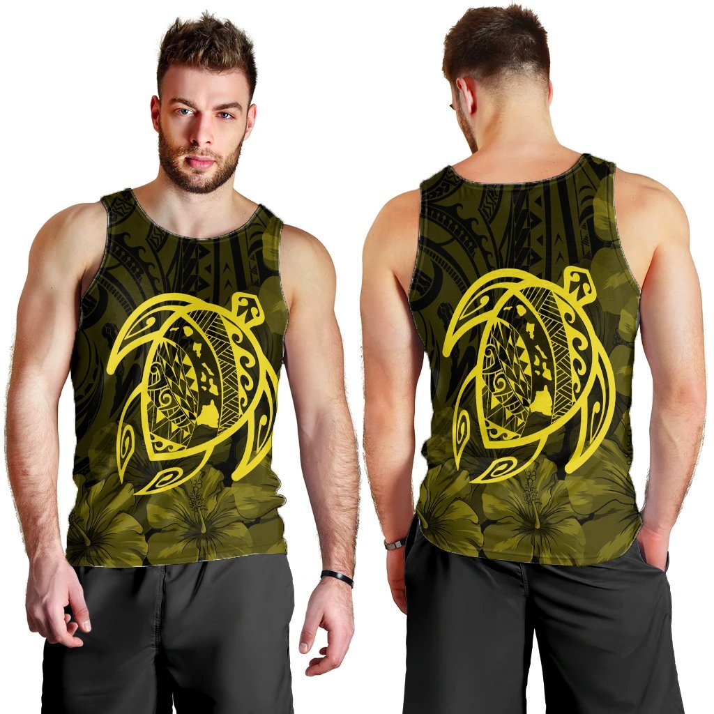 Hawaiian Map Turtle Kanaka Hibiscus Polynesian Tank Top - Yellow - AH - Polynesian Pride
