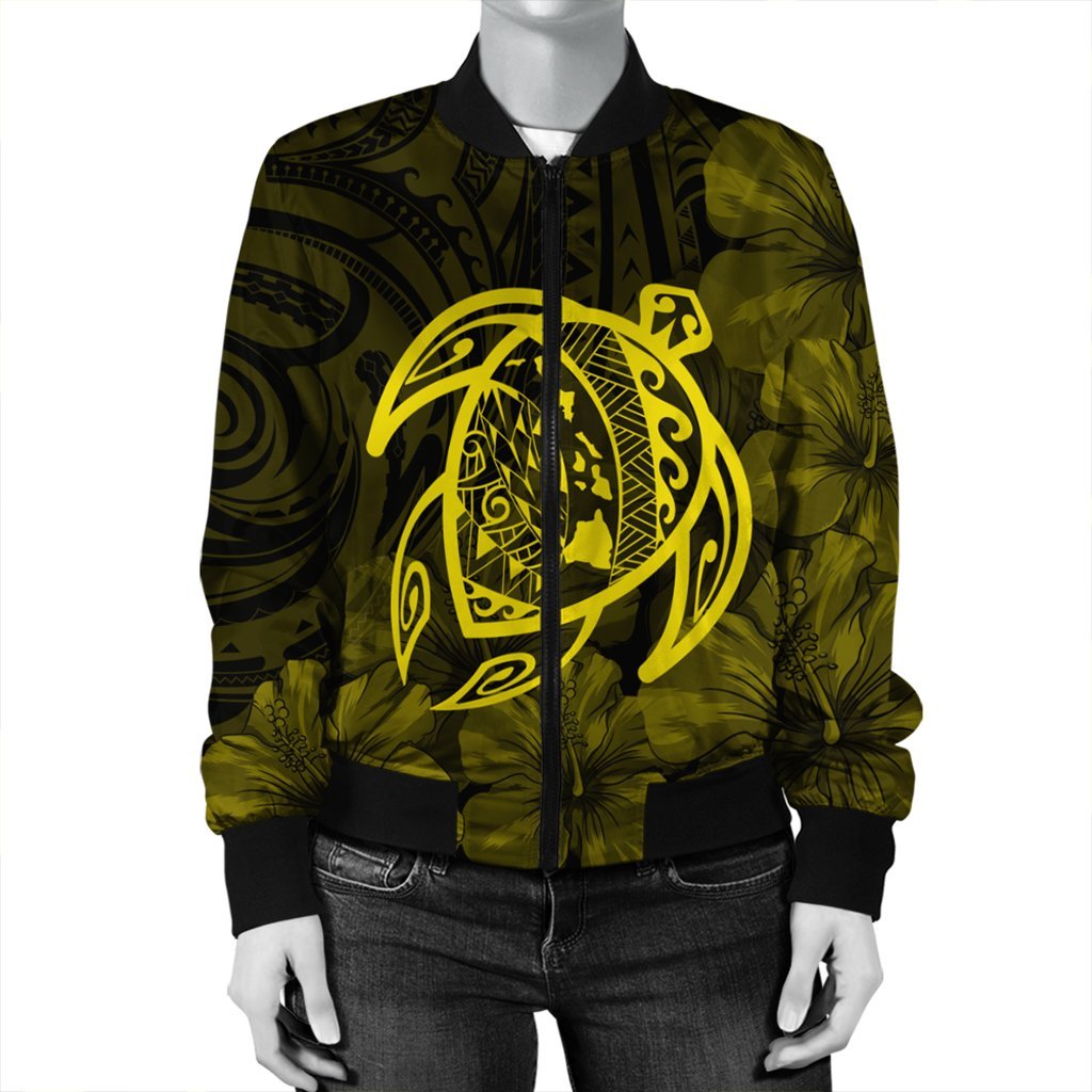 Hawaiian Map Turtle Kanaka Hibiscus Polynesian Bomber Jacket - Yellow - AH - Polynesian Pride