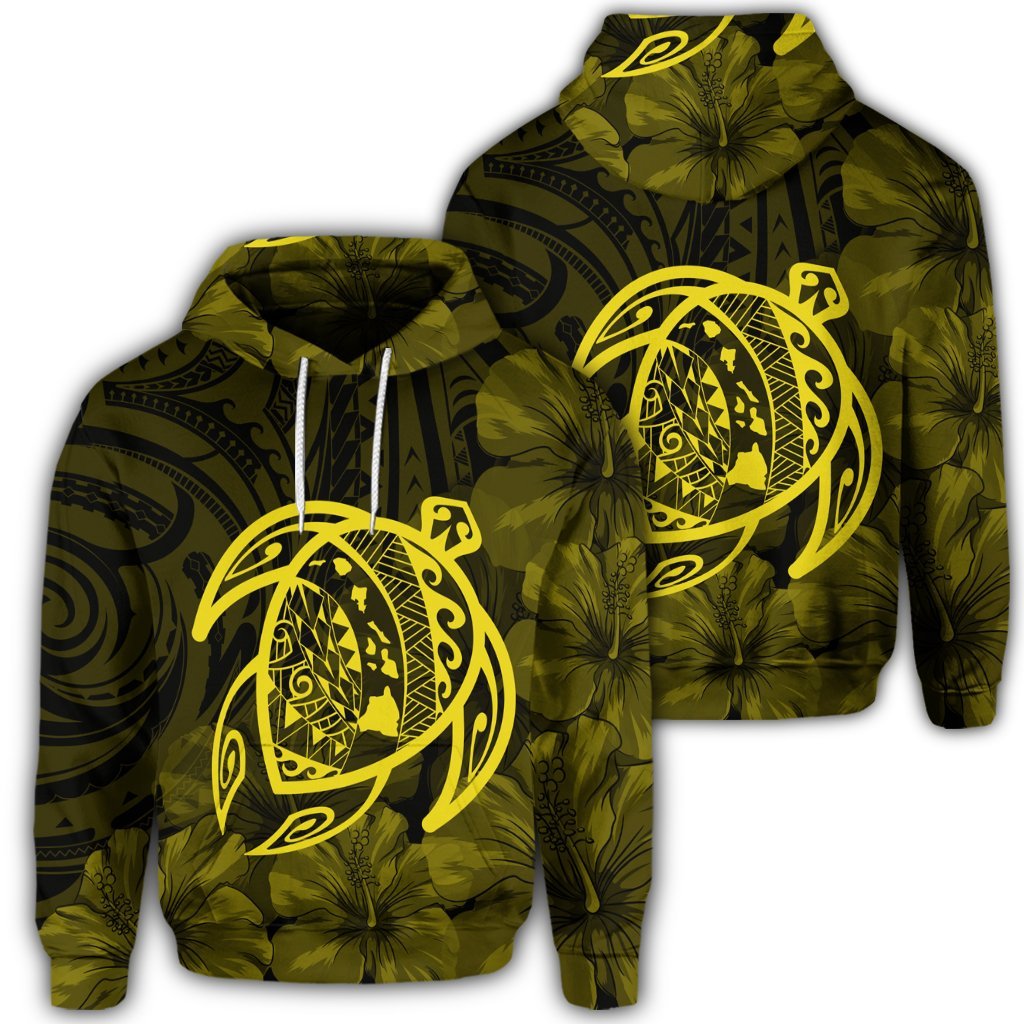 Hawaiian Map Turtle Kanaka Hibiscus Polynesian Hoodie Yellow Unisex Art - Polynesian Pride