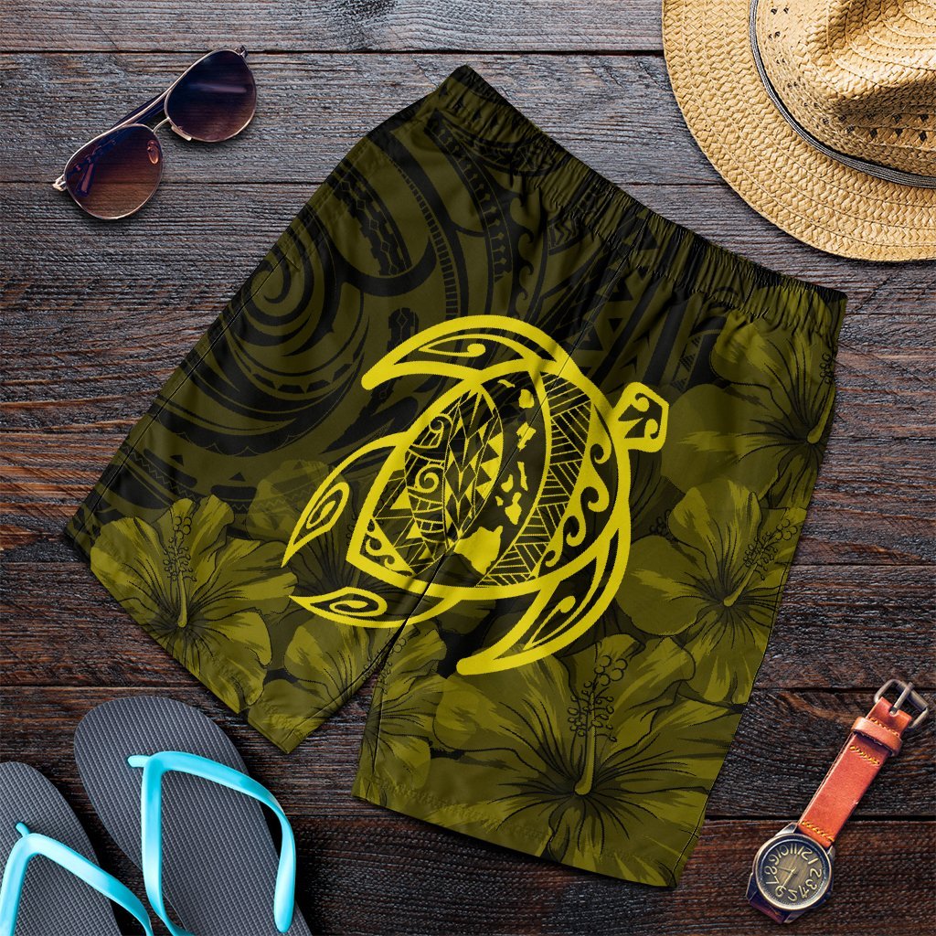 Hawaiian Map Turtle Kanaka Hibiscus Polynesian Men's Shorts - Yellow - AH Art - Polynesian Pride