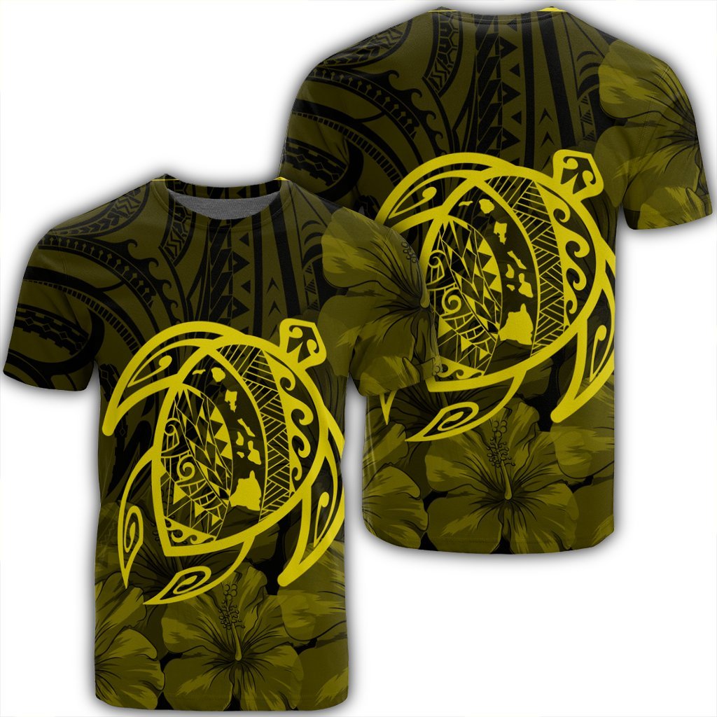 Hawaiian Map Turtle Kanaka Hibiscus Polynesian T Shirt Yellow AH Unisex Black - Polynesian Pride