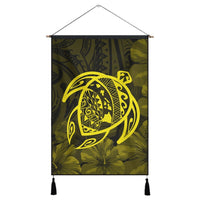 Hawaiian Map Turtle Kanaka Hibiscus Polynesian Hanging Poster - Yellow - AH Hanging Poster Cotton And Linen - Polynesian Pride